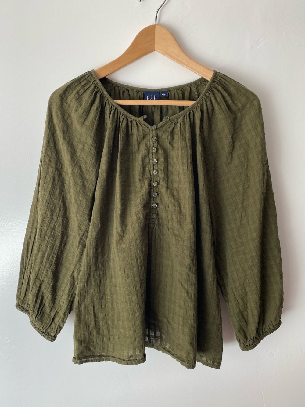 GAP Olive Green 100% Cotton Peasant Blouse 3/4 Ballon Sleeve Size M Women's